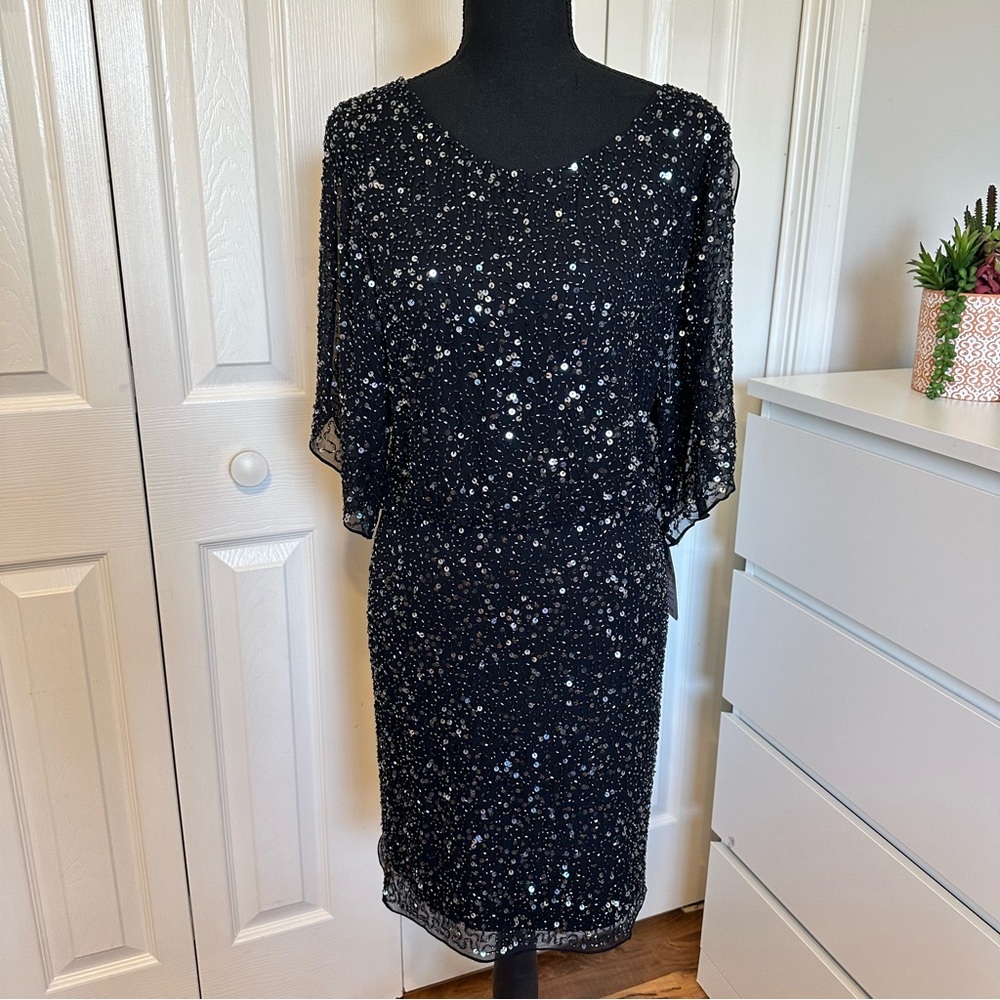 Pizzaro Nights Elegant Black 100% Silk Sequin Cocktail Dress Size 2 NWT